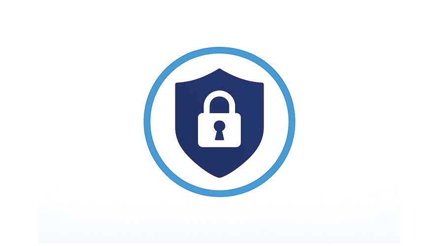 A blue shield with a white lock closed in the middle on a white background.